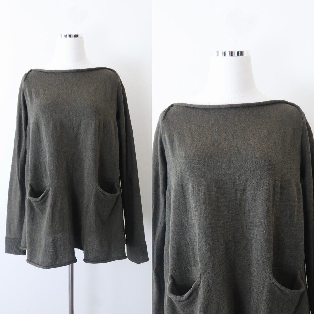 Hannes Roether Size M Merino Wool A-Line Sweater Tunic Pockets Green